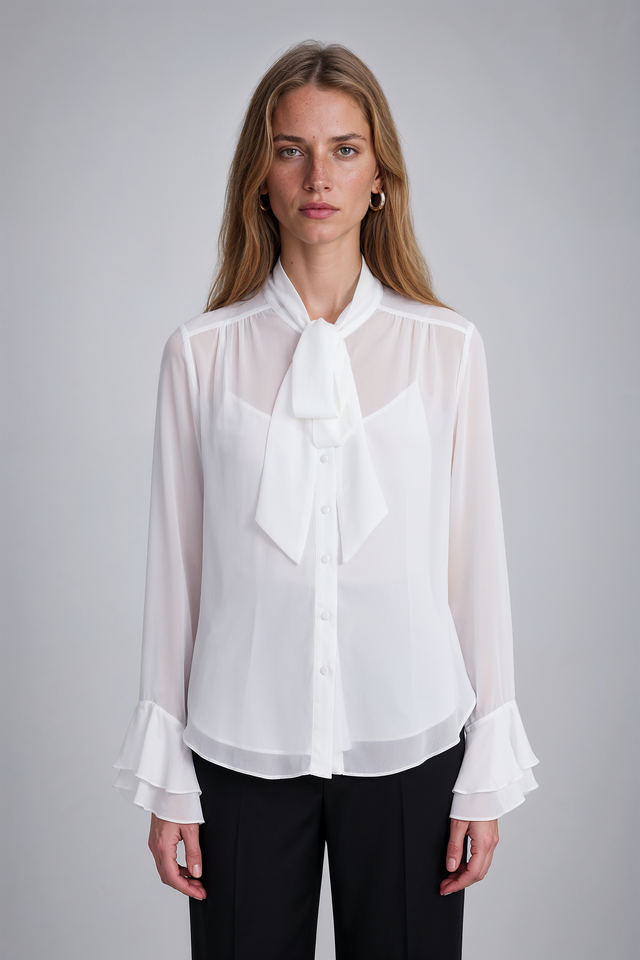 Mikael Aghal Tie-Neck Chiffon Blouse with Ruffle Cuffs