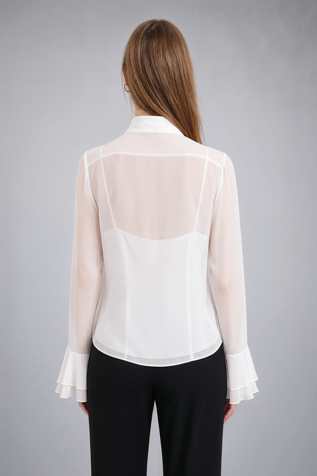 Mikael Aghal Tie-Neck Chiffon Blouse with Ruffle Cuffs