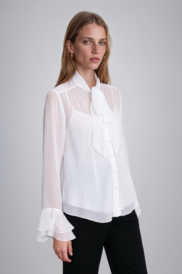 Mikael Aghal Tie-Neck Chiffon Blouse with Ruffle Cuffs