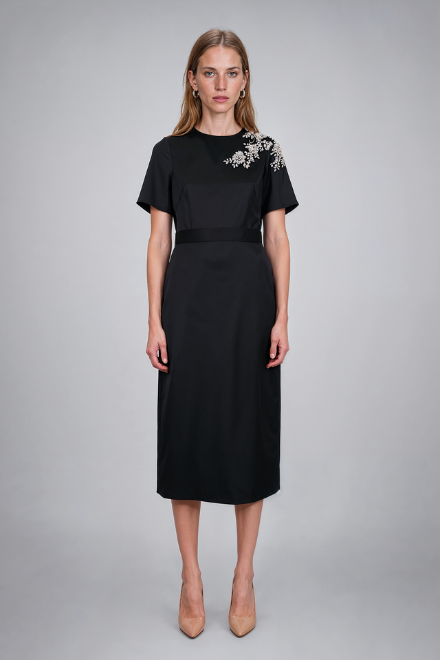 Mikael Aghal Embellished Shoulder Satin Midi Dress