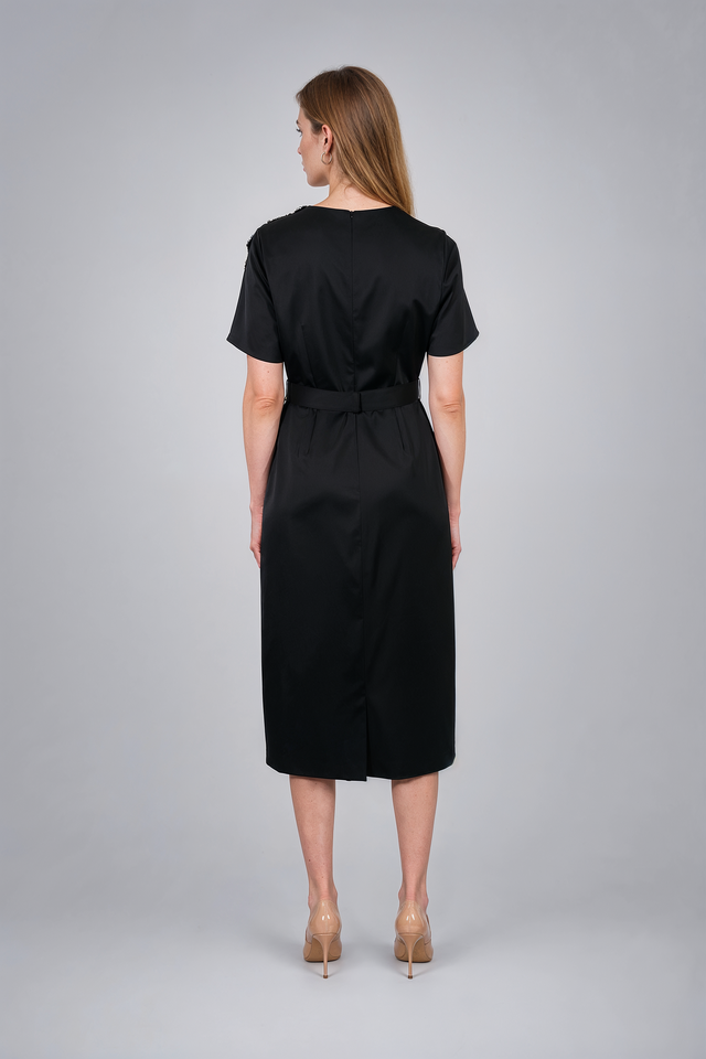Mikael Aghal Embellished Shoulder Satin Midi Dress