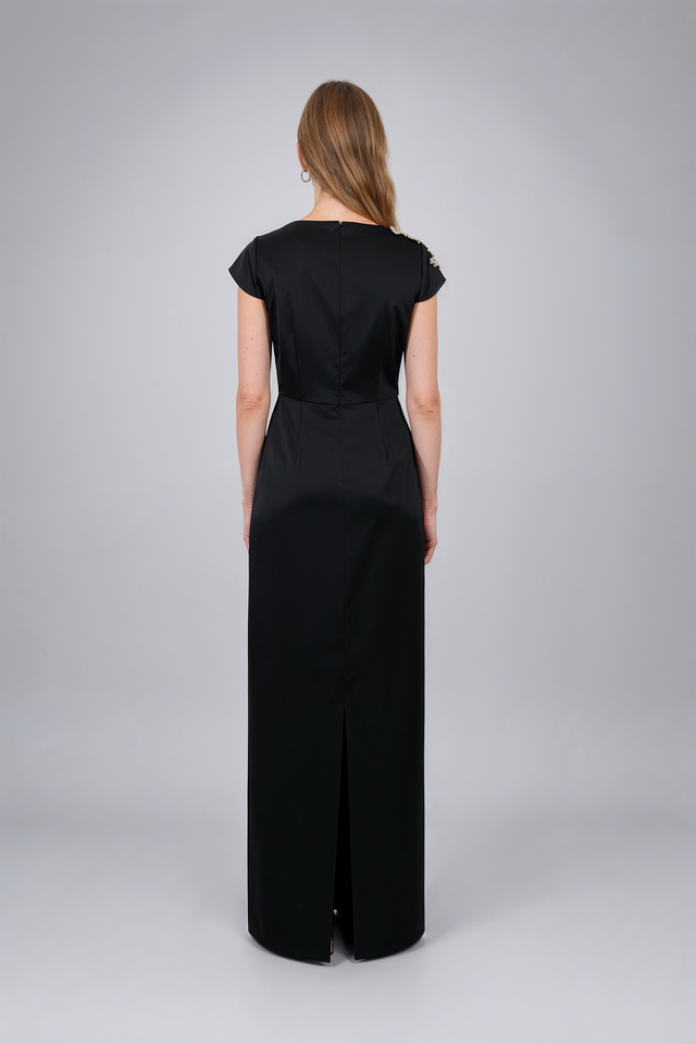 Mikael Aghal Embellished Shoulder Cap-Sleeve Maxi Gown