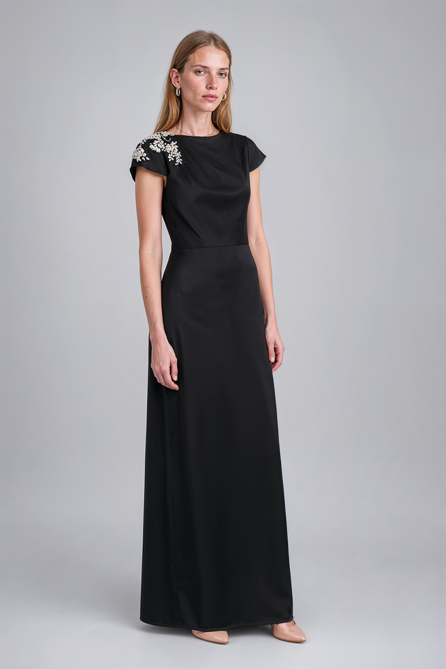 Mikael Aghal Embellished Shoulder Cap-Sleeve Maxi Gown