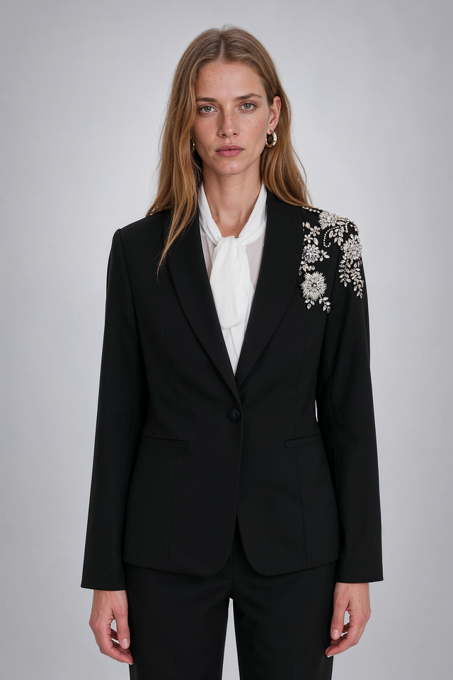 Mikael Aghal Crystal Embellished Shoulder Tailored Blazer