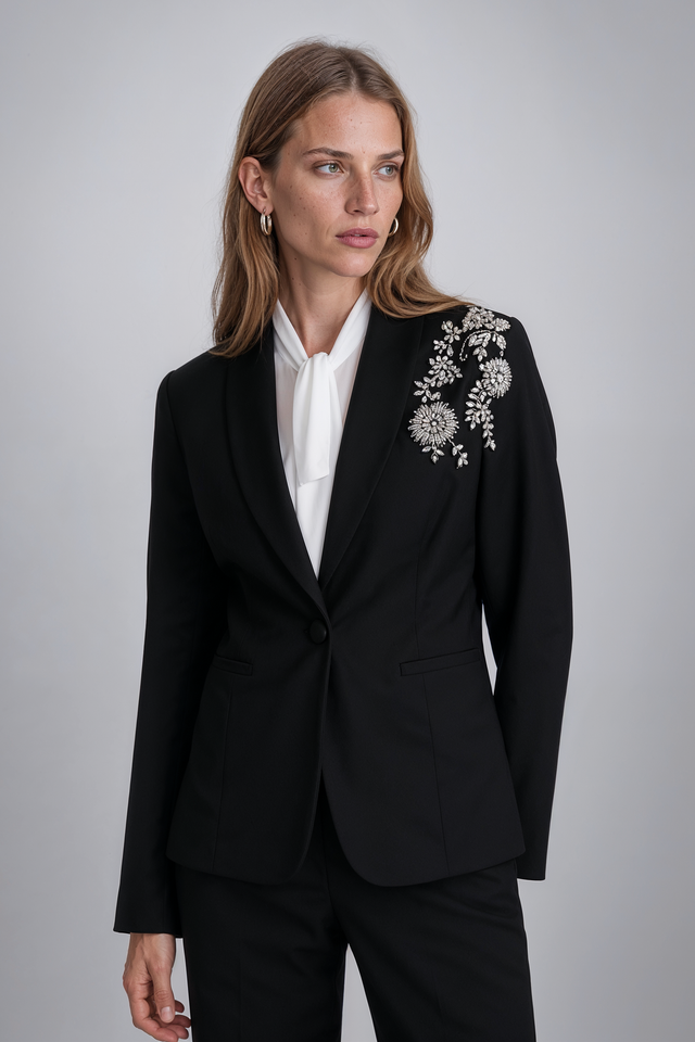 Mikael Aghal Crystal Embellished Shoulder Tailored Blazer