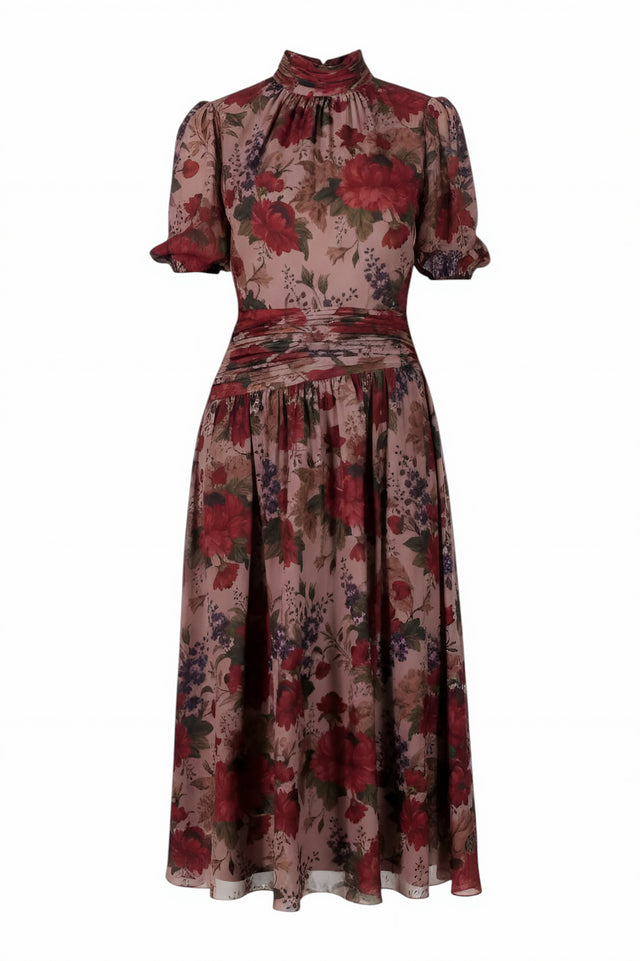Mikael Aghal Mauve Floral Midi Dress – High Neck Puff Sleeve